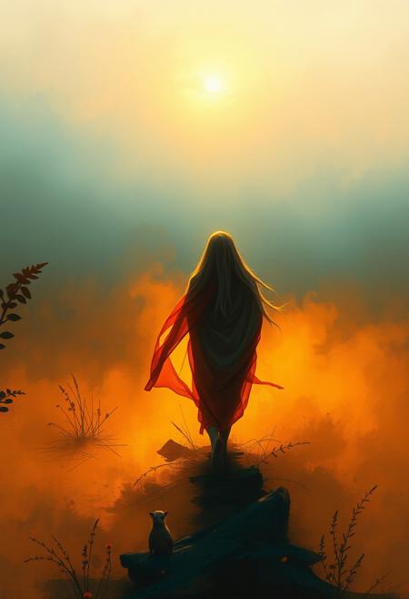 Warm golden hour light illuminates a solitary figure in a vast misty landscape.  Warm terracotta and cool teal create an earthy contrast.  Painterly expressionist textures, ethereal soft lighting, and flowing garments blend into nature. The soft light suggests sunrise or sunset.