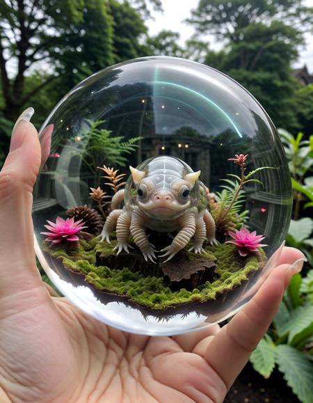 A detailed and intriguing scene showcasing a creature encapsulated within a transparent glass orb. The monster should have distinctive features, perhaps with scales, multiple eyes, or sharp claws, exuding an aura of mystery and wonder. The glass orb should be clear, allowing a full view of the creature inside, and possibly reflecting lights or the environment around it. The setting can be neutral to emphasize the orb and its contents. The photograph's quality should be of high resolution, ensuring every detail, from the creature's features to the reflections on the glass orb, is captured with sharpness and clarity.
,  <lora:gball:0.55>