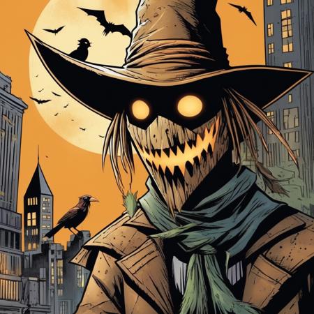 comic book art of  <lora:Scarecrow:1.2>
Scarecrow a drawing of a scare with a hat and a bird in Gotham city universe, comic art, graphic novel illustration