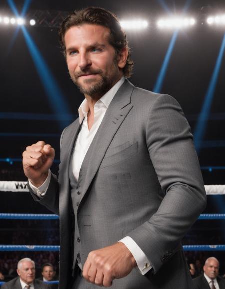 pov photo of bradley cooper wearing a suit throwing a punch in a wwe ring, cinematic lighting, hero pose