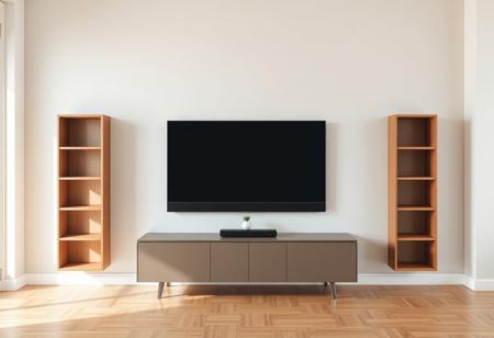 A minimal and elegant modern living room interior, focused on a soft grey-beige wall. Centered on the wall is a large black flat-screen LCD TV, mounted above a stylish closed-door media console. Below the TV, a matching black soundbar sits aligned with the screen. On both sides of the TV, there are two identical vertical wooden bookshelves, each with 3 shelves. The middle shelf of both bookshelves holds a small plant in a simple ceramic vase. The wall color is a refined mix between warm grey and light beige tones. The room is designed with a sense of depth — a wider composition that captures more of the interior. The space beyond the wall is clean and modern, embracing minimalist aesthetics: very few objects, well-balanced layout, natural tones. The floor is covered with warm oak wood, and natural soft light fills the space from the left. The entire composition follows interior design photography standards, with correct perspective, balanced lighting, and soft shadows. 
TV is empty, with a clean screen suitable for mock-up use.
Style keywords: minimalist, modern interior, living room, clean space, TV mockup, stylish shelving, Scandinavian style, wide-angle composition, architectural photography, calm tones, editable screen.