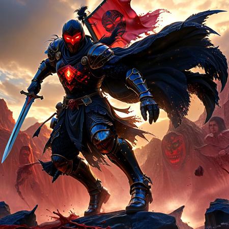 UHD, Photorealistic Contest Winner, Best Quality Image of a Massively tall and incredibly muscled Mysterious angel with detailed black a and Samurai armor and a billowy blood red samurai flag, standing resolute in a defensive pose, with a Samurai Demon Mask that shimmers and glows with an otherworldly aura its surface comprised of intricate, magical, and colorful iridescent fractal stained glass, reminiscent of the dreamlike artistry of Roger Dean and the vibrant colors of Syd Mead, and a engraved and gold filagreed black Katana, set against a dramatic, cinematic background with deep chiaroscuro contrasts, and rich subsurface scattering, evoking the fantastical, high-fantasy worlds of cover artist, Michael Whelan, in a bold, dynamic, and detailed digital art style with a mix of realism and fantasy elements