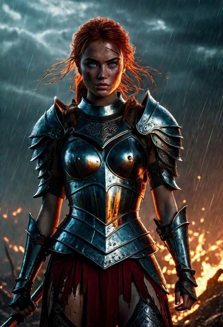 Ultra detailed digital art masterpiece Warrior girl dressed in a iron Armor and red mini skirt, Standing on a battlefield at the head of an army of knights, where a bloody slaughter is taking place, standing in battle pose, a dark epic fantasy, perfect lighting, beautiful Sadie Sink as Warrior girl, attractive woman, elegant, beautiful woman of athletic body,  shot of the whole Warrior girl, unreal engine 5 nanite quality, dark fantasy, dark environment, very stormy day, LOTR style, dark washed out eyeliner, no make up, natural bloody pale face, realistic blue eyes, ultra detailed atmospheric details, beautiful glowing effects, sparkle effects, realistic body proportions, beautiful face proportions, complex masterpiece, wavy red hair, creative glowing detailed tattoos, complex physics, enhanced colors, complimentary colors, ultra detailed raytracing reflections, Ultra detailed complex background, environment feels alive, direct eye contact, dramatic lighting, wet and sweaty skin, beautiful firm Breasts, Daylight, Concept art by Greg Rutkowski, adding to the intense and dynamic atmosphere of the scene.