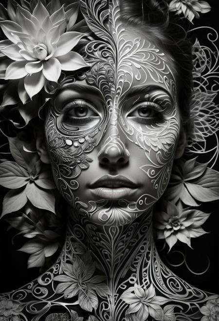Dichotomy of Self,
half-face neon abstract chaos, vibrant swirls geometric patterns, other half intricate floral serenity, monochromatic botanical designs, high-contrast lighting, sharp focus, hyperrealistic skin texture, emotive eyes, chiaroscuro technique, studio portrait style, symmetrical composition, boundary blend, surrealist influence, psychological depth