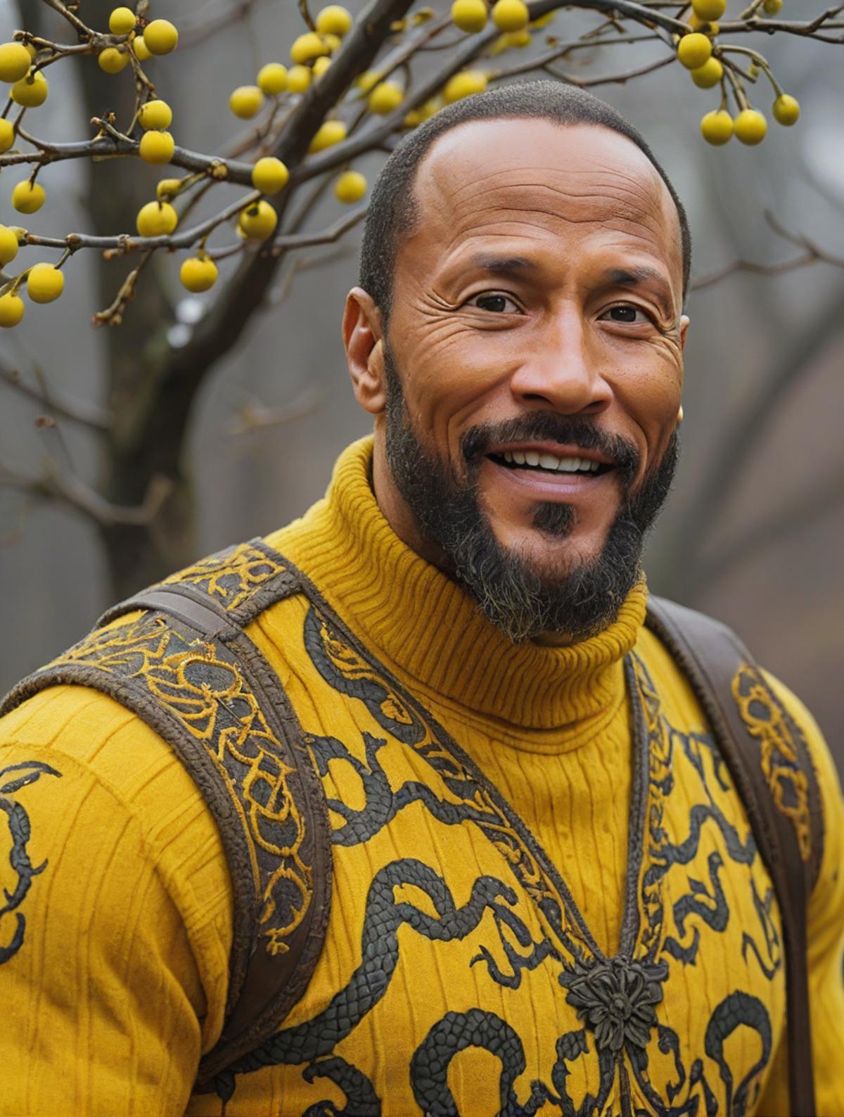 A smiling man wearing a yellow sweater and a backpack.