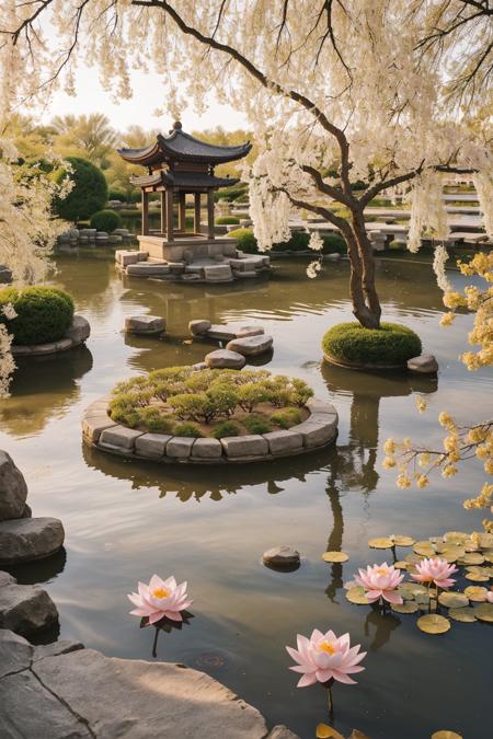 ancient lotus pond surrounded by stone pathways and tall willow trees, large blooming lotus flowers floating on still water, golden light reflecting off the surface, tranquil temple garden in the background, soft pink petals scattered in the air, highly detailed zen garden aesthetic, peaceful and meditative