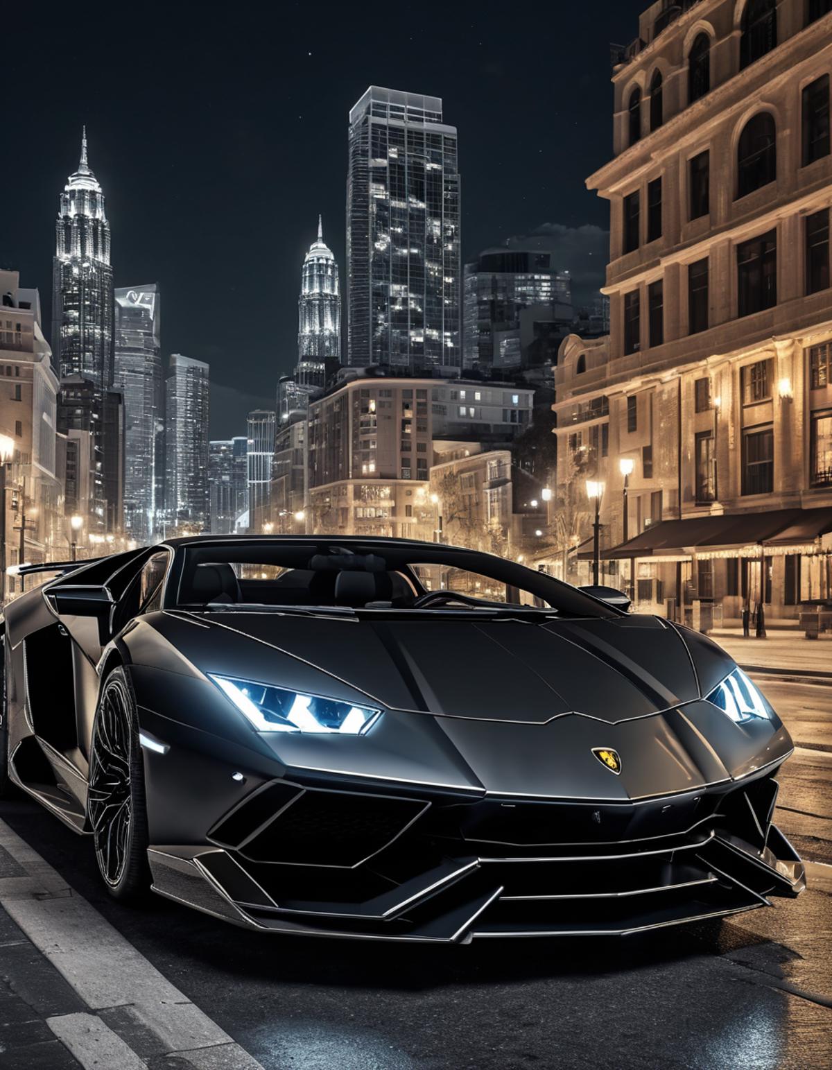 A Lamborghini sports car driving down a city street at night.