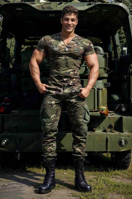 standing next to military truck with green canvas cover, muscular YannisPaluan, sexysoldier, (camouflage pants), shirt, green socks, (dog tags), (black boots), (army boots), smiling expression, masterpiece, ((full body portrait)), wide angle, (looking at viewer)  <lora:Clothing - Sexy Soldier_v1:0.75>   <lora:YannisPaluan:0.8>