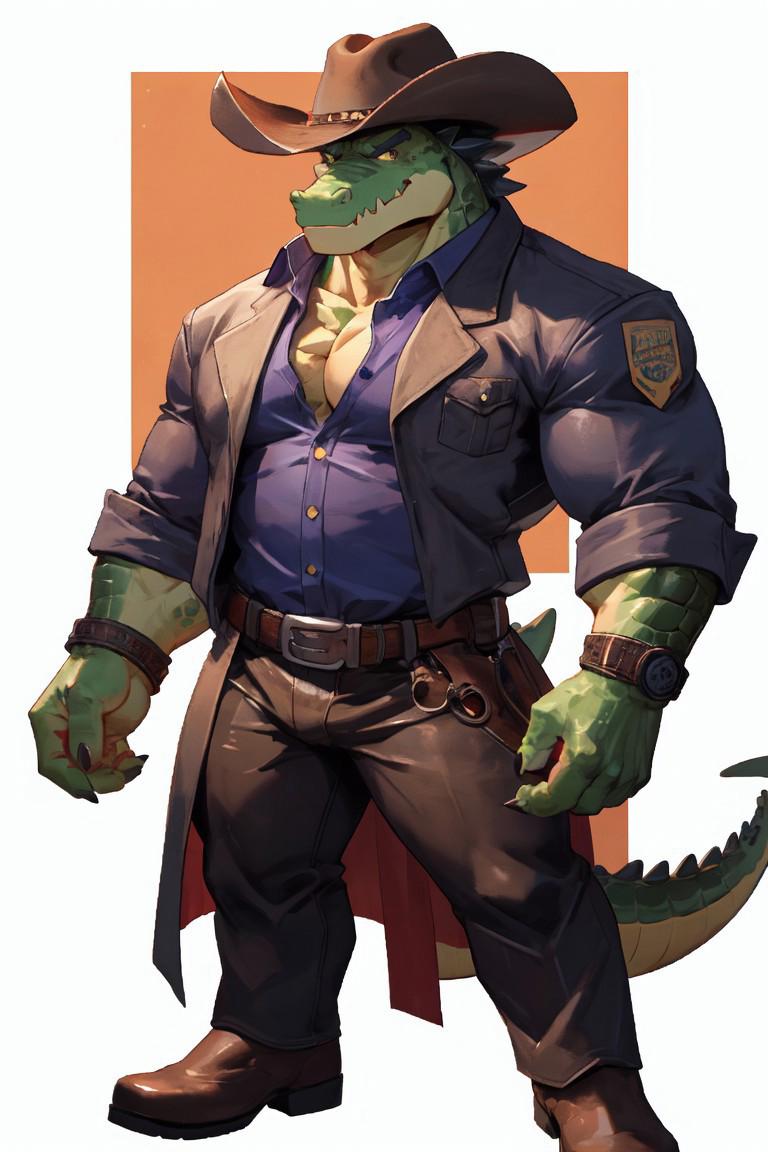 Male, anthro, muscular, bara, gummigoo, crocodile, gummy, cowboy