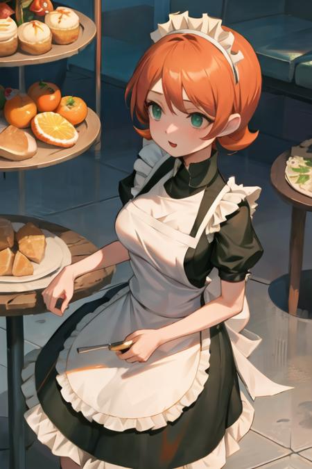 1girl, sgptc, short hair, orange hair, green eyes, maid headdress, apron <lora:patricia-skullgirls:0.8>