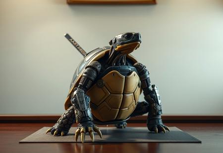 Create a high-definition, cinematic artwork of a turtle exoskeleton samurai sitting on a table, showcasing its full body in a realistic, lifelike manner, with a golden ratio composition and ultra-wide-angle perspective. The art style should resemble Yoh Yoshinori's work, with intricate, detailed micro-elements and a mix of organic and mechanical features. The exoskeleton should be prominently displayed, and the turtle's body should be visible, with a clear distinction between the two. Incorporate a subtle, cinematic film grain texture and ensure the image is free of watermarks or signatures. The final output should be in 8K resolution, with rich, vibrant colors and a high level of detail.