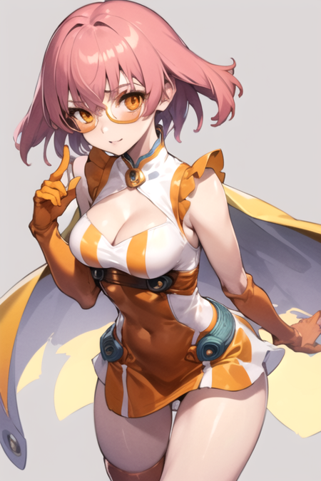 StrangeJuice, 1girl, solo, short hair, orange gloves, orange dress, cleavage, medium breasts, pink hair, sleeveless, cape, orange eyes, tinted eyewear, bare shoulders, frills, skin tight, short dress, cleavage cutout 