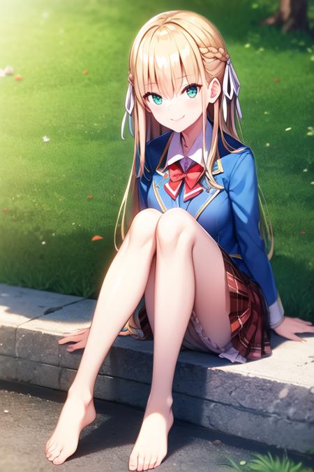 tsukasa, red bowtie, braid, 1girl,  blonde hair,  white hair ribbon, masterpiece, best quality, 1girl, blue jacket,  white shirt,  school uniform, plaid skirt,   brown skirt, black pantyhose, pleated skirt,  barefoot, bare legs, knees up, dress, sitting, looking at viewer, grass,  smile, outdoors, on ground, full body, animal, sunlight, dappled sunlight, day, depth of field, <lora:tsukasa:0.8>