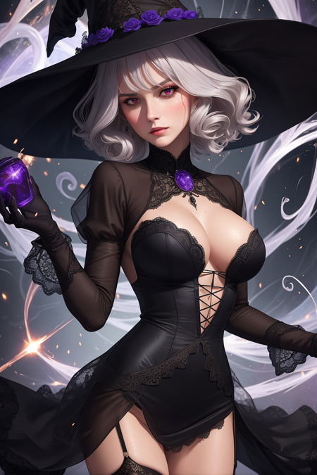 solo, masterpiece, best quality, perfect face, beautiful face, medium shot of a witch with curly silver hair under a witch hat, mystical sorceress, (surrounded by intense swirling energy:1.3), dominant and intimidating, cleavage, (sexy lace dress) (black and violet), stockings, (intricate and elegant), colorful, vivid, (empty hands:1.25), detailed skin texture, oiled skin:0.4,