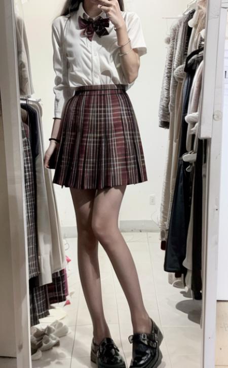 (raw photo,realistic, ),1girl,solo,skirt,white shirt,handbag,shoes,bracelet,jewelry,looking at viewer,narrow shoulder width,flat chest,pleated skirt,red plaid skirt,photorealistic,black,<lora:szsjk:0.7>,brown cardigan,bowtie,small black leather shoes,(fitting room:1.2),<lora:headless-000006:0.6>,(long legs:1.2),slim legs,cellphone,cellphone flashlight,<lora:more_details:1>,