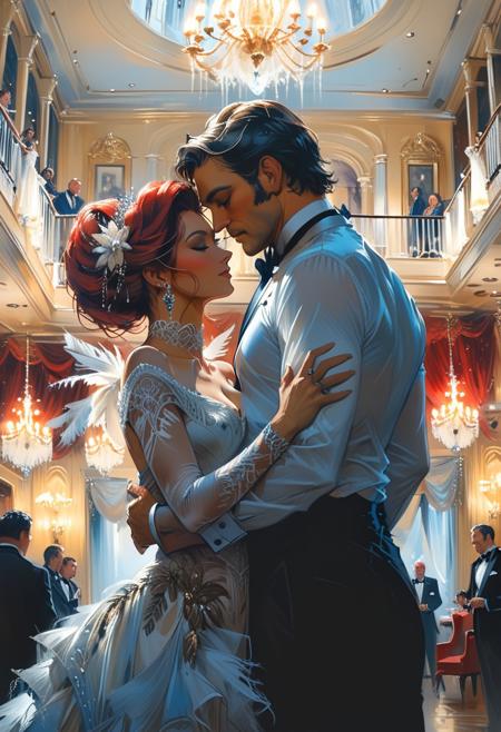 mixed art by Carne Griffiths, Michael Garmash and Charlie Booter, two lovers - a sophisticated lady nestled in the arms of an elegant gentleman, against the background of a festively decorated ballroom, New Orleans in the 1960s, crystal chandeliers hang from the ceiling, casting a soft, subdued light, elegant beautiful artwork, masterpiece
