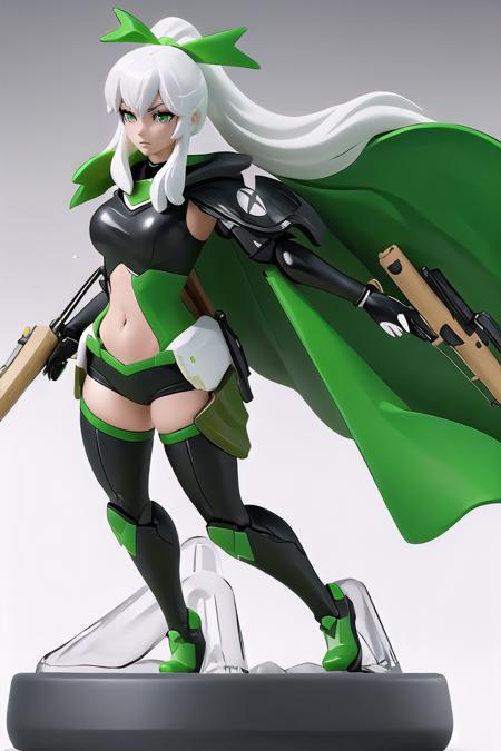 Highly detailed, High Quality, Masterpiece, beautiful, Amiibo, full body, <lora:Amiibo:0.6>, 1girl, xbox-chan, ponytail, green hair ribbon, clothing cutout, stomach cutout, cape, thighhighs, gloves, <lora:Char_Meme_Xboxchan:0.9>, white hair, action, bolt action, attack