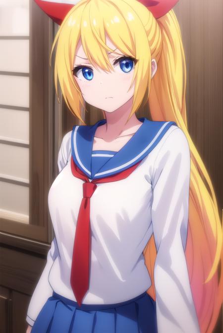 chitogekirisaki, <lora:chitoge kirisaki s2-lora-nochekaiser:1>,
chitoge kirisaki, long hair, blue eyes, blonde hair, ribbon, hair between eyes, very long hair, hair ribbon, multicolored hair, red ribbon, gradient hair, angry, frown,
BREAK skirt, shirt, thighhighs, school uniform, collarbone, white shirt, pleated skirt, necktie, serafuku, sailor collar, red ribbon, blue skirt, blue sailor collar,
BREAK indoors, classroom,
BREAK looking at viewer, (cowboy shot:1.5),
BREAK <lyco:GoodHands-beta2:1>, (masterpiece:1.2), best quality, high resolution, unity 8k wallpaper, (illustration:0.8), (beautiful detailed eyes:1.6), extremely detailed face, perfect lighting, extremely detailed CG, (perfect hands, perfect anatomy),