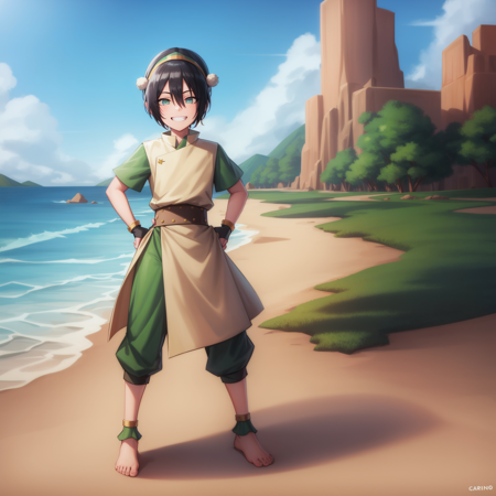 <lora:Toph:1>,
idolmaster,best quality, beach,blue sky,nature,
1girl,solo,black hair,hairband, short hair,hair between eyes,( blind:1.0),green eyes,tunic,green shirt, sash,capri pants, short sleeves, standing,full body, toeless footwear,  (pelvic curtain:1.1),grin,hands on hips, facing viewer,skinny,short,fingerless gloves,