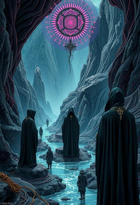 In the style of kilian eng, A realistic, three dimension illustration with accents of hyper detailed illustration, neo surrealism, style of chris saunders, intricate design, occult ritual in river valley,deep valley, figures in black hooded robes, recursion, firgures repeating into distance, data lace, hyper grid, alchemy ,vril maidens, le parc, alchemy,,chemigram,, In the style of alan lee.


