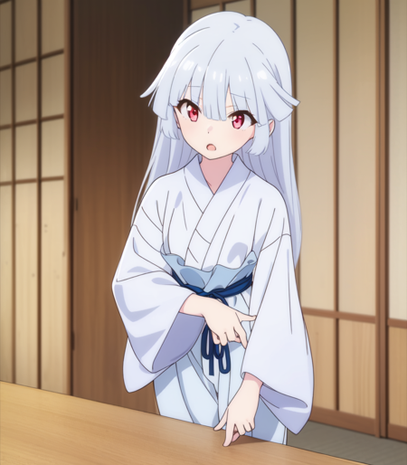 1girl, solo, long hair, looking at viewer, smile, bangs, hime cut, red eyes, long sleeves, hair between eyes, closed mouth, standing, full body, grey hair, boots, japanese clothes, wide sleeves, kimono, sash, brown footwear, obi, white kimono