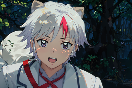 <lora:Towa_Yashahime-10:1> (masterpiece, best quality, ultra-detailed, highres, best illustration), perfect face, side lighting, lustrous skin,(bloom), (shine), lighting, ray tracing, anime,raccoon tail, raccoon ears, 1boy, 1girl, tanuki, brown hair, nature, tail, forest, tree, smile, white hair, :3, backpack, night, animal ears, outdoors, anime coloring, bag, open mouth, notepad, parody, white pants, short hair, pants, jacket, leaf on head,wide shot, depth_of_field, very detailed background,Dynamic angle, solo, extreme light and shadow,(detailed eyes), (extremely detailed illustrated 8k wallpaper),vivid colors,