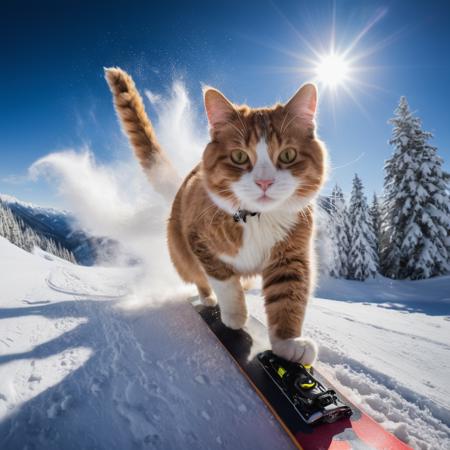 animal (cat:1.5) skiing, snowboard, snow explosion, action shot, nude, sunlight, wide angle, (tail:1.3) <lora:EnvyActionShotXL01:0.5> 8k, F2.8, RAW Photo, ultra detailed, real life <lora:xl_more_art-full_v1:0.8>