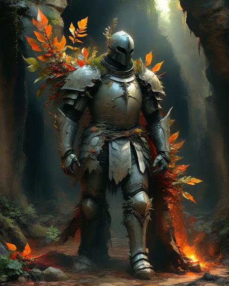 male massive earth elemental made of rock and dirt in the style of Roger Dean threatening a knight in shining armor , full body, large thorn leaves, transparency, sheen, imaginative lighting with reflections and refractions, colorful light, dark background,  magical cavern with hard lighting, hyper realistic, High definition, <lora:add-detail-xl:0.75> <lora:xl_more_art-full_v1:0.5>,  <lora:SandraChevrierXL:1> sachr,  <lora:Ben Aronson Style:1> Ben Aronson Style page,  <lora:MJ52:0.4>