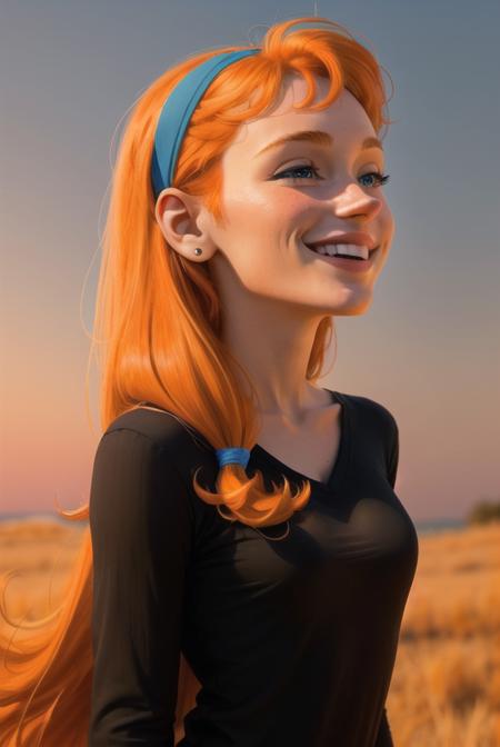 <lora:jasmine_fenton:0.6>, jasmine fenton, masterpiece, best quality, 1girl, solo, orange hair, long hair, smile, blue eyes, hairband, looking up, upper body, black shirt, long sleeves,