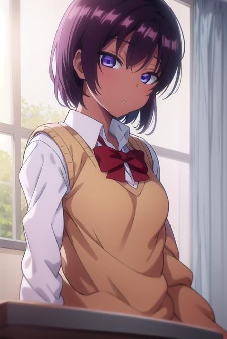 saehinata, <lyco:saehinata-lyco-nochekaiser:1>, 
sae hinata, blue eyes, purple hair, dark skin, dark-skinned female, short hair,
BREAK shirt, bow, school uniform, white shirt, collared shirt, bowtie, red bow, sweater vest, brown sweater,
BREAK looking at viewer,
BREAK indoors, classroom,
BREAK <lora:GoodHands-vanilla:1>, (masterpiece:1.2), best quality, high resolution, unity 8k wallpaper, (illustration:0.8), (beautiful detailed eyes:1.6), extremely detailed face, perfect lighting, extremely detailed CG, (perfect hands, perfect anatomy),