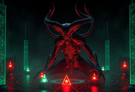 Create a highly detailed, ultra-realistic 4K image of the demon Vecna from Stranger Things on a Black Luster Ritual, inspired by Charles Fremont Conner's style and incorporating elements of sci-fi and Lovecraftian horror. The artwork should feature highly detailed zen prisms, adhere to the golden ratio, and have a striking, vibrant color scheme with a predominantly dimmed atmosphere, high contrast, and soft lighting. The focus should be on Vecna's menacing, evil presence, with 'green man' elements subtly integrated. Ensure the image has micro and lifelike details, utilizes the Unreal Engine 5 or Octane Render for an 8K quality output, and meets the standards of trending artworks on Artstation and CGSociety. No additional legs should be added to Vecna's depiction.