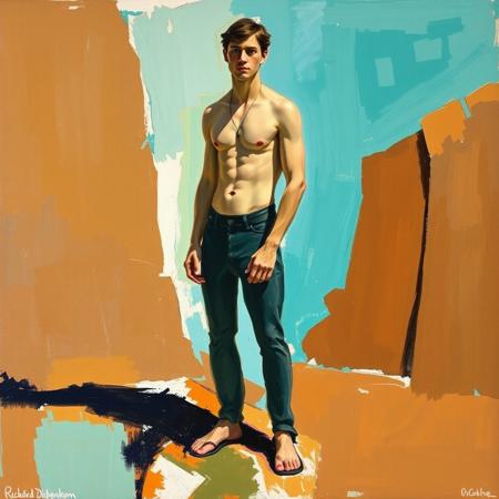 Abstract expressionist painting by Richard Diebenkorn, Jackson Pollock. Loose, gestural brushwork. Abstract. Abstract expressionism. Aquamarine and brown. Masculine figure in an abstract California landscape.