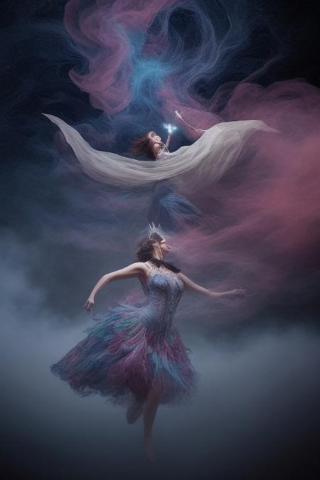 surreal, waltz of fractal smoke over the abyss, fantasy smoke, dresses and stars, dynamics, movement, wind, colorful, intricate details, perspective, hyper-detailed, hyper-realism, professional photoshoot
