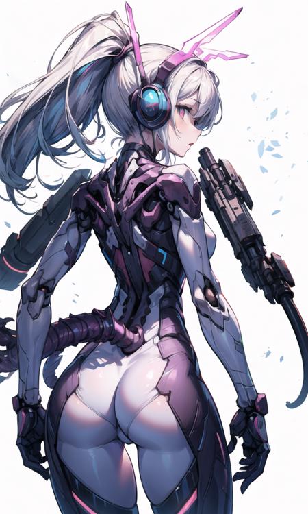 (flat color), colorful,(masterpiece:1.2), best quality, masterpiece, highres, original, extremely detailed 8k cg wallpaper, looking at viewer,( white background), masterpiece, best quality, intricate mechanical bodysuit, mecha corset,Headset,garter, glowing body, (exposed_bone, anatomy), [girl,neon lights],Luminous Spine,skeleton, rib cage, hip bones, backbones,Spinal Tail,
[arched back], cowboy shot,(From behind),With cables plugged in body,Single ponytail