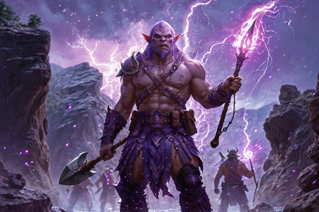 bioluminescent, an orc spearthrower with green skin, wearing a leather harness, holding a spear, solo, from the Thunderhoof Clan, with heavy armor and hoof-shaped symbols, an orc mountain cave with stalactites, fire pits, bone decorations, detailed background, butchering meat, using a cleaver, sneaky, sly grin, wide shot, a fishing contest with orcs spearing fish, river splashing, crowds cheering, a wooden tankard, nearby, on a cliff edge, rocky surface, dusty, dry air, sand swirling, harsh sunlight, twilight, soft purple hues, stars emerging, cool air, best quality, vibrant colors, photorealistic style, high detail, high-definition, hyper-realistic, extremely high-resolution details, fine texture, incredibly lifelike, realistic, not cartoon, not drawing, highres, 4K resolution, source photo, realistic photo, masterpiece, best quality, amazing quality, very aesthetic, ultra-detailed, detailed textures, natural lighting, soft lighting, volcanic red tones, deep reds and blacks, storm light, dramatic lightning flashes, three-quarter view shot, full body visible, <lora:Mystic_Lumina_r1-000007:0.9>