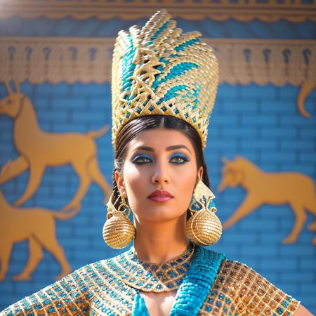 cinematic shot center of view image for create a surrealistic version of the babylon  style costume worn by the  one Arabic woman with blue eyes in the promotional image. Include a long braid, fur collar, and chain around the neck, and incorporate abstract elements that represent the lush garden and green bird.,