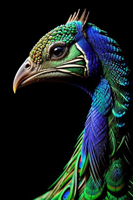 Create a photorealistic close up image of 1peacock, feathers,vibrant colors and dark background, highly detailed, aesthetic, great lighting, extremely detailed,  award winning, perfect composition, a rich and complex image of nature, a vibrant tissue of hues and textures captured digitally, best quality, realistic, captivating, intricately detailed, hyper detailed, maximalist style, photorealist, sharp focus, dynamic lighting, superb composition, finest details, highest aesthetics, best quality, sharp focus, high contrast, stylized, clear, colorful, ultra quality, 8k, best quality, masterpiece,midjourneyv6.1