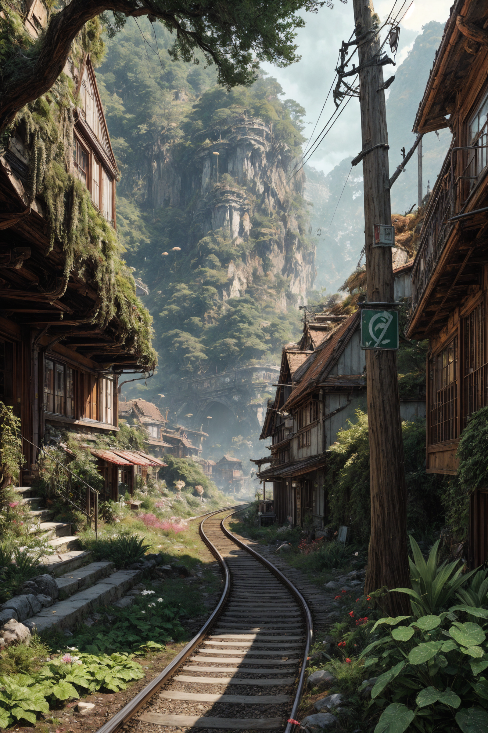 A Railroad Trail Through a Wooded Mountain Town