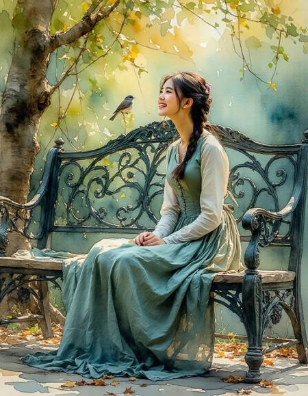 Low-angle close-up of a young woman’s triumphant smile, seated on a weathered wrought-iron bench draped in velvet moss, her linen dress crinkling with sun-warmed resilience. Watercolor gradients bleed sapphire and burnt umber into John Singer Sargent’s loose washes, edged by Katsushika Hokusai’s precise ink lines—crimson-gold gingko leaves swirl in dappled light. Lichen-cracked bench textures contrast her smooth, ochre-touched skin. A hidden sparrow nestles in her ink-black braid; distant cherry blossoms dissolve into misty brushstrokes. Palette: emerald shadows, cadmium yellow highlights, fractured indigo outlines. Mood: serene defiance, roots gripping earth, sky dissolving into pigment.