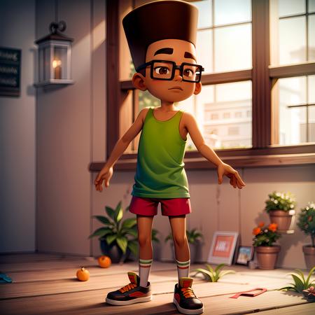 ((masterpiece, best quality)),(complex light),1boy,full body, solo, fresh, <lora:FreshSubwaySurfers1-10:0.6>, dark skin, glasses, orange tank top, shorts, standing,