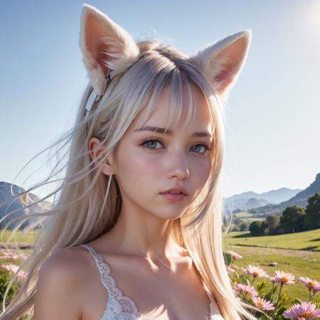 An 18-year-old girl with fox ears, lovable, white fox, fox eyes, running, during the day, bright Sunshine, running on the grassland full of flowers, filled with beautiful flowers, long hair, sparkling hair, beautiful detailed eyes, extremely detailed eyes and face, light on face, lovely, best quality, masterpiece, illustration, an extremely delicate and beautiful, extremely detailed ,CG ,unity ,8k wallpaper, Amazing, finely detail, masterpiece, best quality, official art, extremely detailed CG unity 8k wallpaper, ultra-detailed, highres, extremely detailed, (best quality), (realistic, photo-realistic:1.2), 8k, soft lighting, high quality, official art, extremely detailed CG unity 8k wallpaper, cinematic lighting