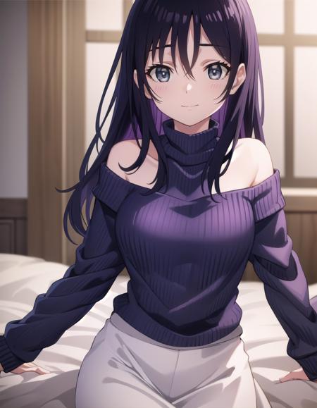 yuri kotobiki, long hair, black hair, (grey eyes:1.3), off shoulder, sweater, purple sweater, skirt, white skirt,