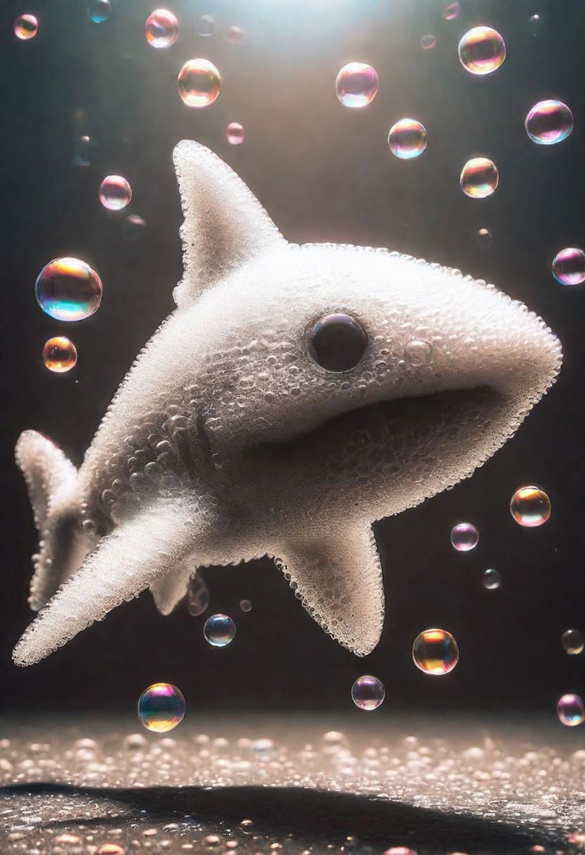 A 3D-rendered model of a white shark in a black background with bubbles.