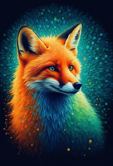 sfw. pointillism art. vivid colors. (Fox silhouette)) with wild hair. dramatic blue green orange split-tone lighting