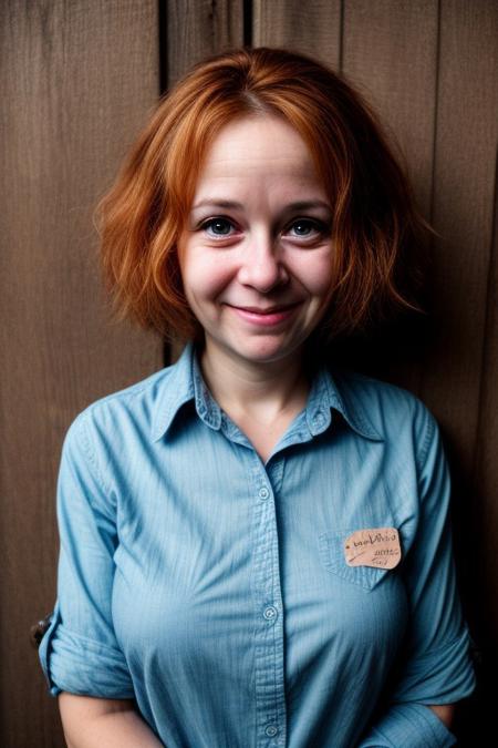 3/4 shot, photograph of, a woman with a voluminous messy bun hair, auburn highlights, wearing a button down collared blouse with a colorful floral pattern, busty, leaning up against worn barn door, head tilted, smirking at the camera, natural light, extremely intricate details, masterpiece, clear shadows and highlights, realistic, enhanced contrast, highly detailed skin, f/2.8, bokeh, ng_deepnegative_v1_75t, OverallDetail, epiCNegative, perfecteyes eyes, photo of perfecteyes eyes