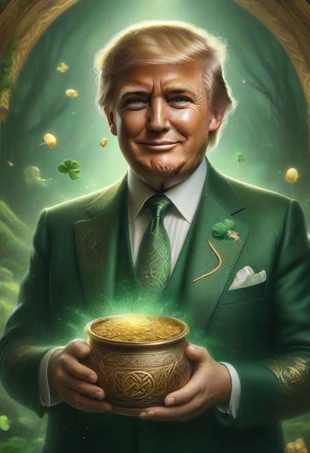 Photo of Donald Trump in The Great Gatsby, smiling, perfect eyes, is holding a pot of gold in one hand, giving to the observer, green theme, volumetric, ral-cltc, <lora:ral-cltc:0.8>