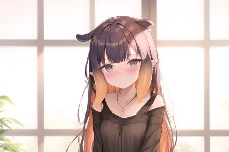 1girl, backlighting, bangle, bangs, bead_bracelet, ninoina, , black hair, orange hair, blush, bracelet, day, ear_piercing, earrings, eyebrows_visible_through_hair, from_side, indoors, jewelry, long_hair, looking_away,( looking_to_the_side), nose_blush, solo, sunlight, upper_body, window