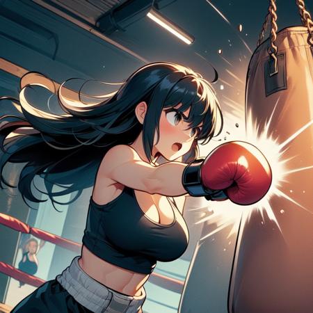 hanging sandbag outstretched fist punching impact spiral wind on fist boxer helmet boxing gloves tank top training gym wind glowing speed lines