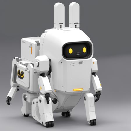 white robot cat,mecha, no humans, white background, solo, science fiction, non-humanoid robot, standing, black eyes, simple background, soft light. <lora:cute robota_v1:0.7>