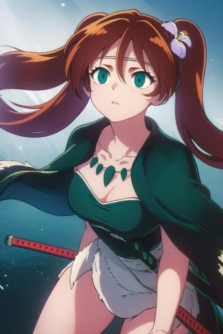 ayame, long hair, brown hair, hair ornament, twintails, (green eyes:1.3), flower, red hair, sword, hair flower, jewelry, necklace, cape, collarbone,